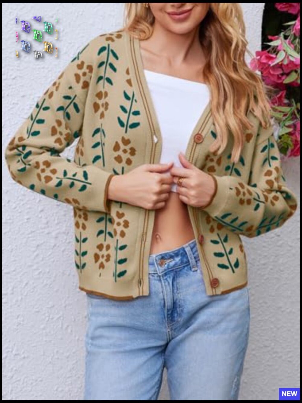 Floral Print V-Neck Cardigan Button Down Knit Sweater Loose Fit Long Sleeve - Picture 5 of 7